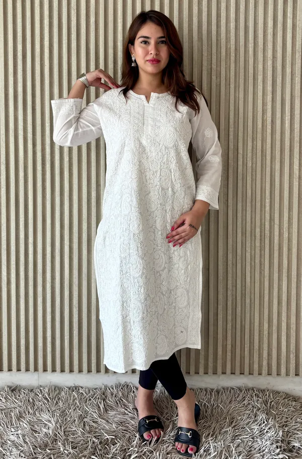 White_Mulmul_Cotton_Jaal_Work_Chikan_Kurti_For_Women