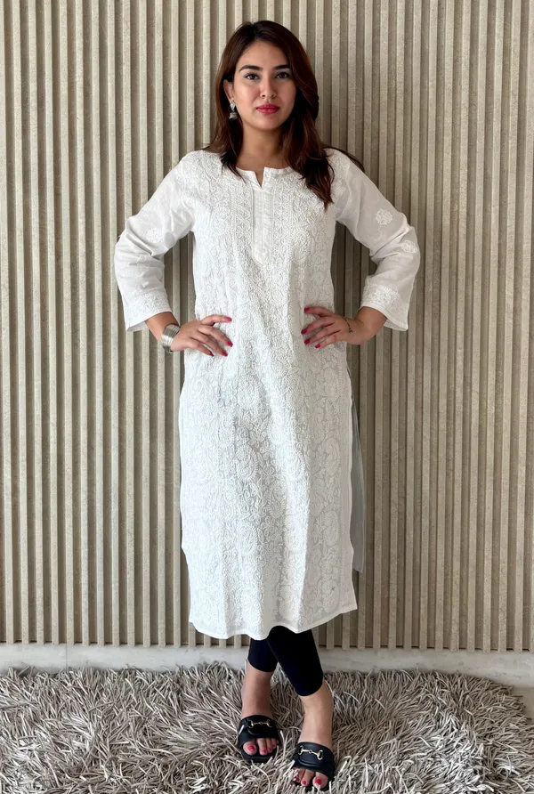 White_Mulmul_Cotton_Jaal_Work_Chikan_Kurti_For_Women