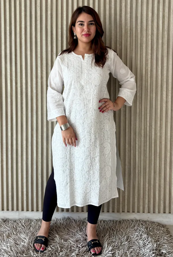 White_Mulmul_Cotton_Jaal_Work_Chikan_Kurti_For_Women