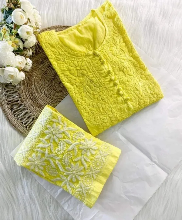 Yellow_Dobby_Chikan_Pant_Set_For_Women