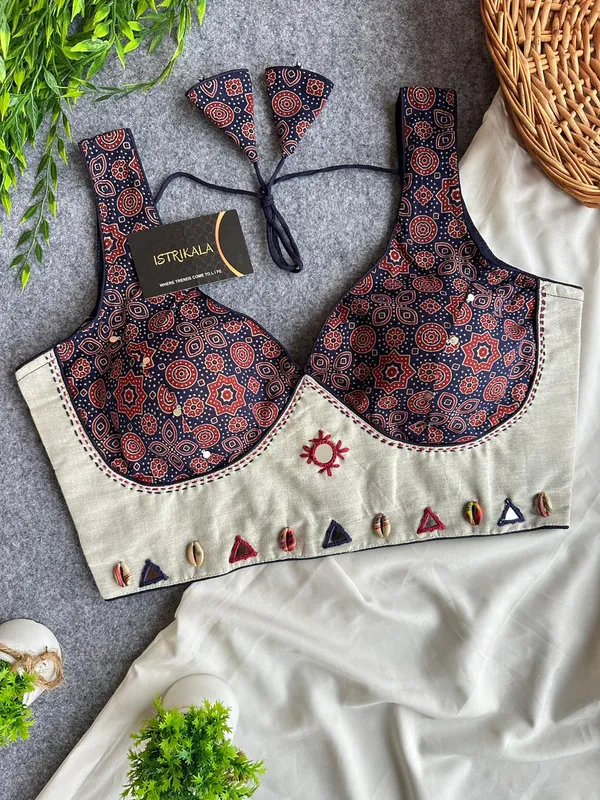 Ajrakh_Print_Padded_Designer_Blouse_with_Cowrie_&_Mirror_Work