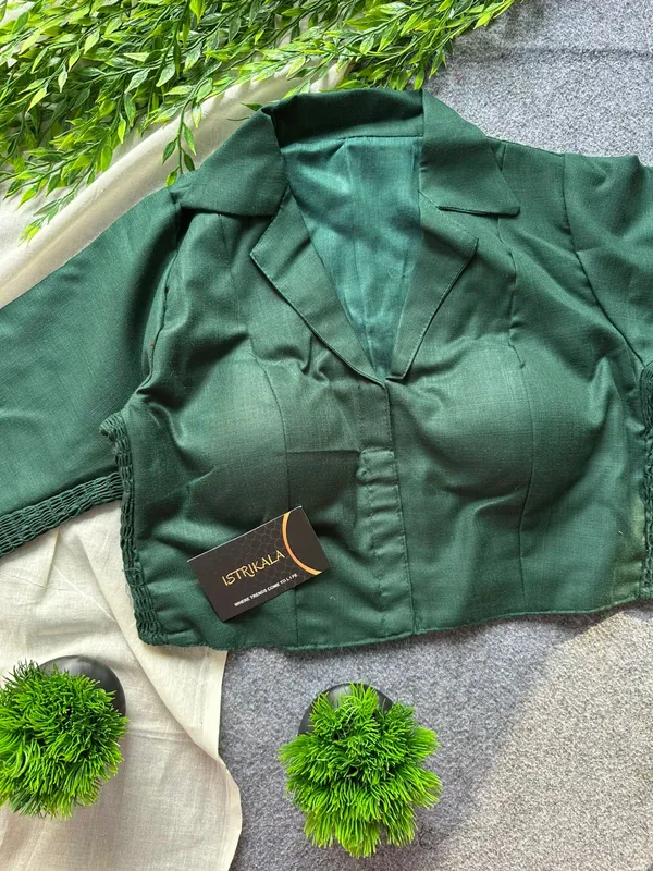 Bottle_Green_Collar_Style_Stretchable_Blouse_–_Cotton_Silk,_Front_Open,_Size_34-40
