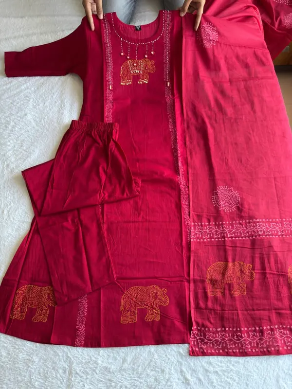 Cherry_Cotton_Kurta_Set_with_Elephant_Print,_Real_Mirror_Hand_Work_and_Block_Print_Mul_Cotton_Dupatta