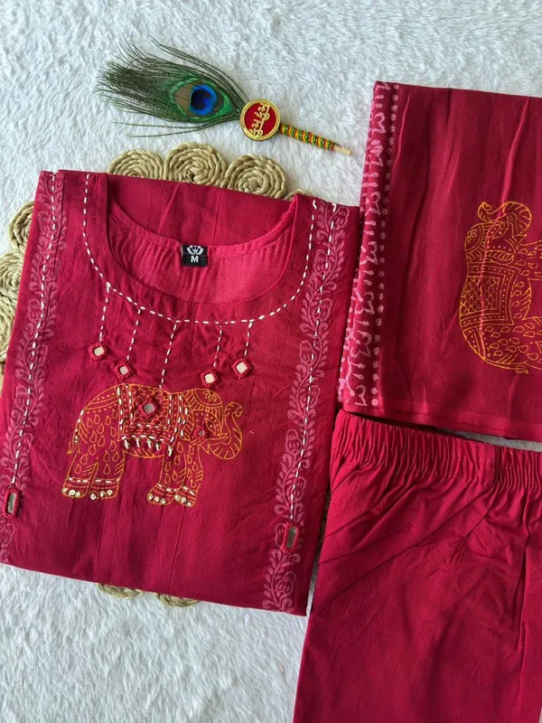 Cherry_Cotton_Kurta_Set_with_Elephant_Print,_Real_Mirror_Hand_Work_and_Block_Print_Mul_Cotton_Dupatta