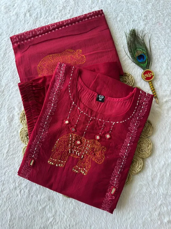 Cherry_Cotton_Kurta_Set_with_Elephant_Print,_Real_Mirror_Hand_Work_and_Block_Print_Mul_Cotton_Dupatta