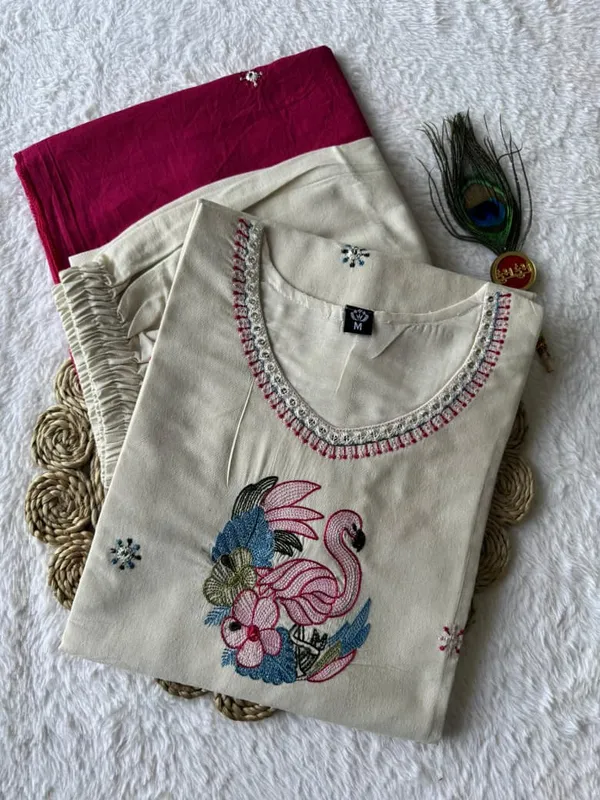 Cream_Khadi_Cotton_Kurta_Set_with_Flamingo_Embroidery_and_Rani_Pink_Mul_Cotton_Dupatta