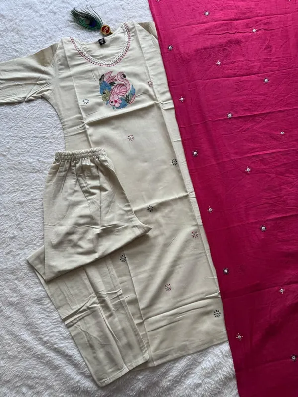 Cream_Khadi_Cotton_Kurta_Set_with_Flamingo_Embroidery_and_Rani_Pink_Mul_Cotton_Dupatta