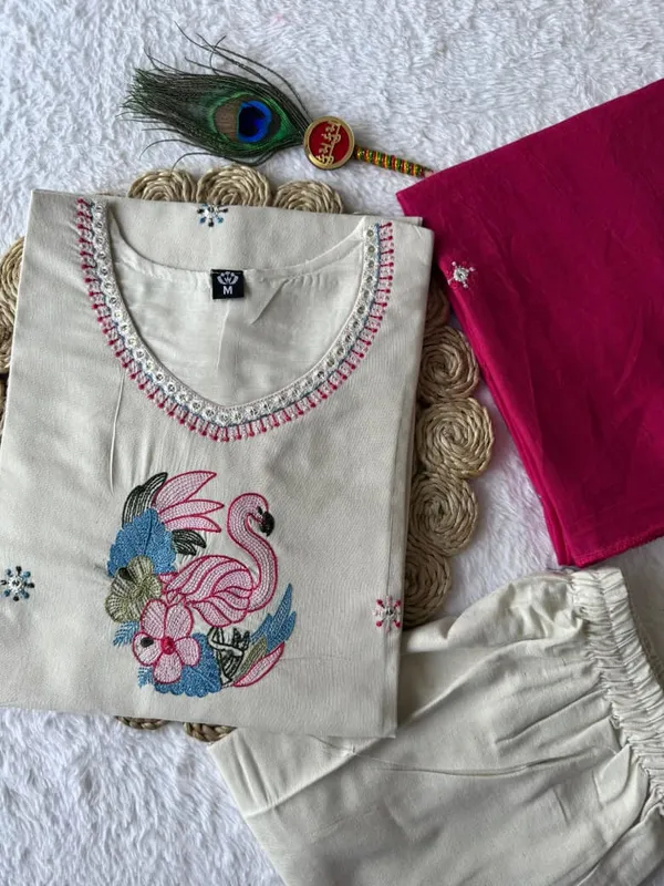 Cream_Khadi_Cotton_Kurta_Set_with_Flamingo_Embroidery_and_Rani_Pink_Mul_Cotton_Dupatta