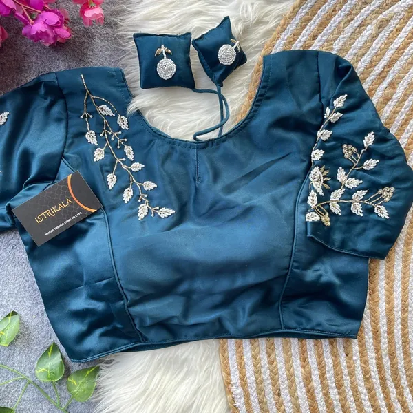 Handcrafted_Blue_Pure_Silk_Blouse_with_Pearl_&_Cutdana_Work