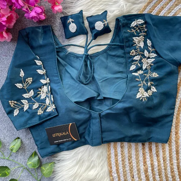 Handcrafted_Blue_Pure_Silk_Blouse_with_Pearl_&_Cutdana_Work