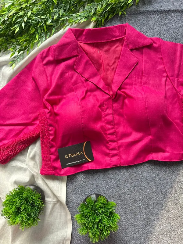 Hot_Pink_Collar_Style_Stretchable_Blouse_–_Cotton_Silk_Fabric,_Front_Open