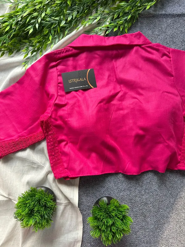 Hot_Pink_Collar_Style_Stretchable_Blouse_–_Cotton_Silk_Fabric,_Front_Open