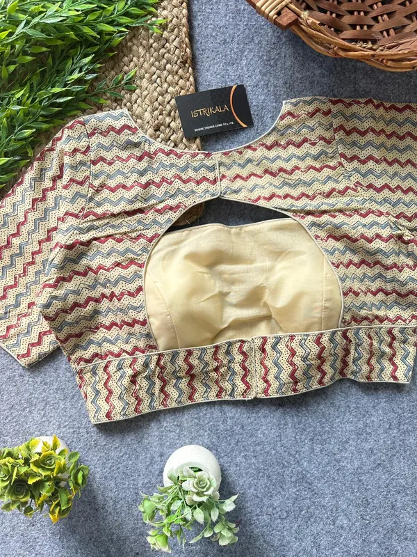 Istrikala_Beige_Chevron_Print_Cotton_Blouse_|_Readymade_|_Size_38_|_Alterable