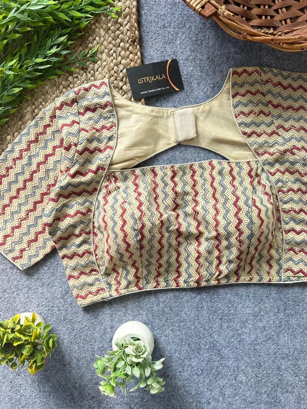 Istrikala_Beige_Chevron_Print_Cotton_Blouse_|_Readymade_|_Size_38_|_Alterable