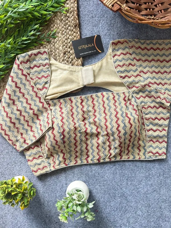 Istrikala_Beige_Chevron_Print_Cotton_Blouse_|_Readymade_|_Size_38_|_Alterable