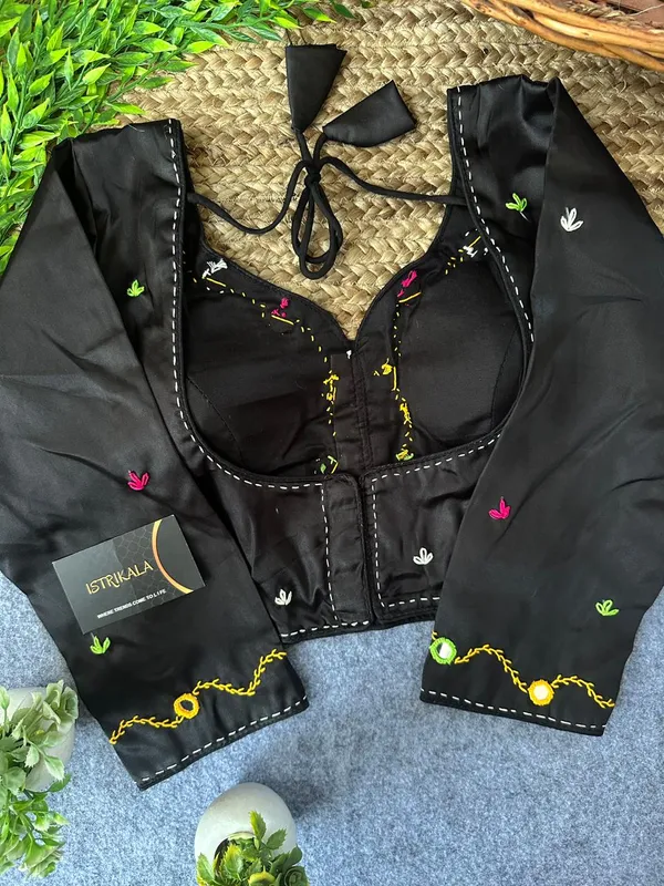 Istrikala_Black_Mirror_Thread_Work_Blouse_|_Navratri_Special_|_Malai_Satin_|_Padded_|_Size_38_|_Alterable_36–42