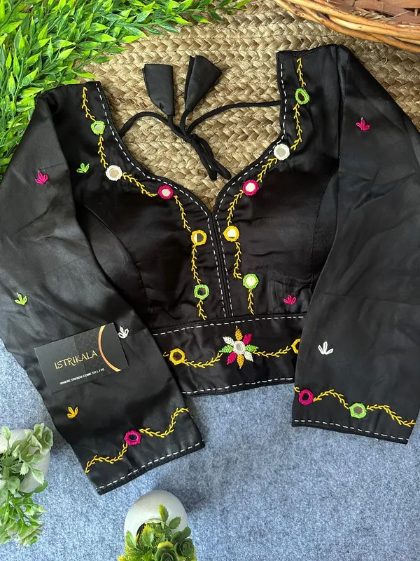 Istrikala_Black_Mirror_Thread_Work_Blouse_|_Navratri_Special_|_Malai_Satin_|_Padded_|_Size_38_|_Alterable_36–42