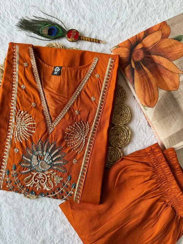 Istrikala_Light_Rust_Peacock_Embroidered_Roman_Silk_Kurta_Set_with_Chanderi_Linen_Jacquard_Floral_Dupatta