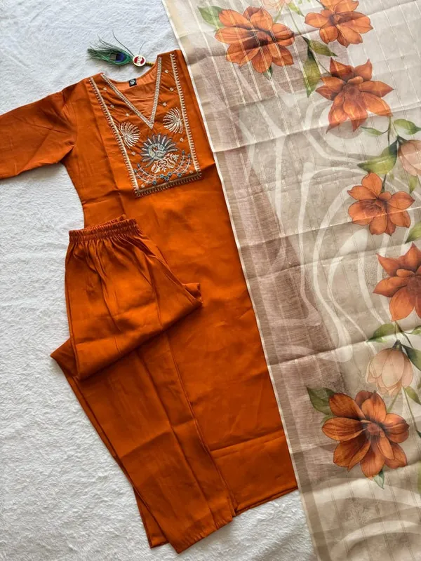 Istrikala_Light_Rust_Peacock_Embroidered_Roman_Silk_Kurta_Set_with_Chanderi_Linen_Jacquard_Floral_Dupatta