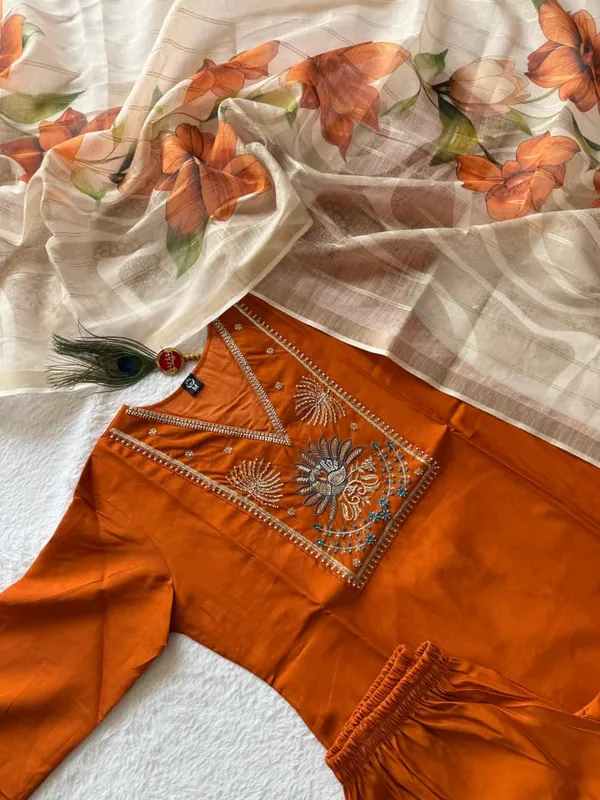 Istrikala_Light_Rust_Peacock_Embroidered_Roman_Silk_Kurta_Set_with_Chanderi_Linen_Jacquard_Floral_Dupatta