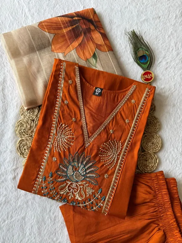 Istrikala_Light_Rust_Peacock_Embroidered_Roman_Silk_Kurta_Set_with_Chanderi_Linen_Jacquard_Floral_Dupatta