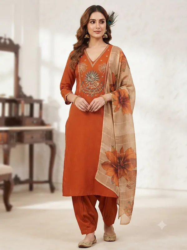 Istrikala_Light_Rust_Peacock_Embroidered_Roman_Silk_Kurta_Set_with_Chanderi_Linen_Jacquard_Floral_Dupatta