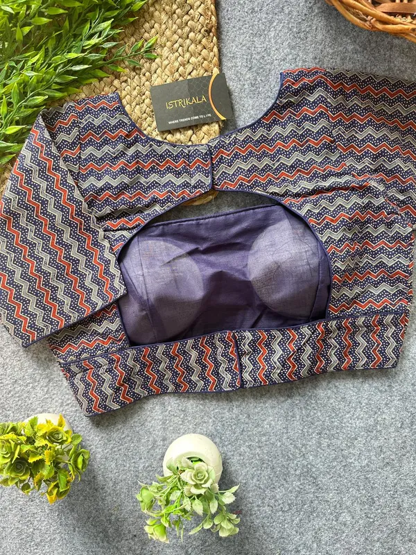 Istrikala_Navy_Blue_Chevron_Print_Cotton_Blouse_|_Readymade_|_Size_38_|_Alterable