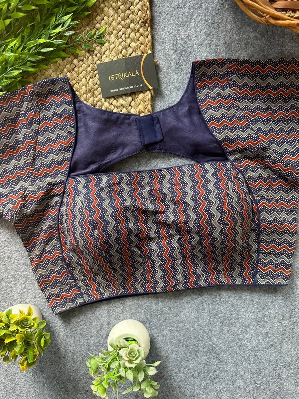 Istrikala_Navy_Blue_Chevron_Print_Cotton_Blouse_|_Readymade_|_Size_38_|_Alterable