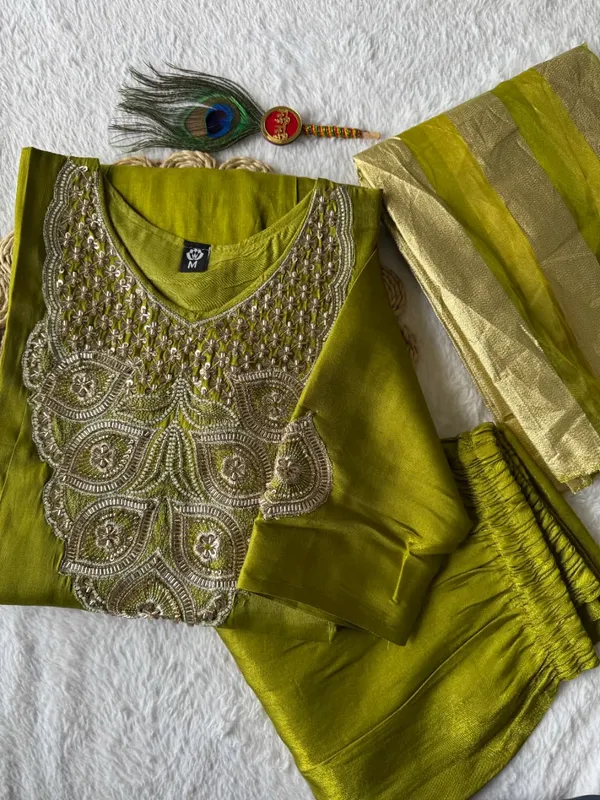 Istrikala_Parrot_Green_Premium_Glass_Roman_Silk_Beads_Embroidered_Kurta_Set_with_Organza_Zari_Patta_Dupatta