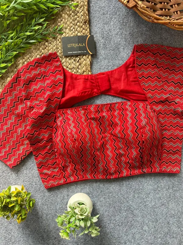 Istrikala_Red_Chevron_Print_Cotton_Blouse_|_Readymade_|_Size_38_|_Alterable