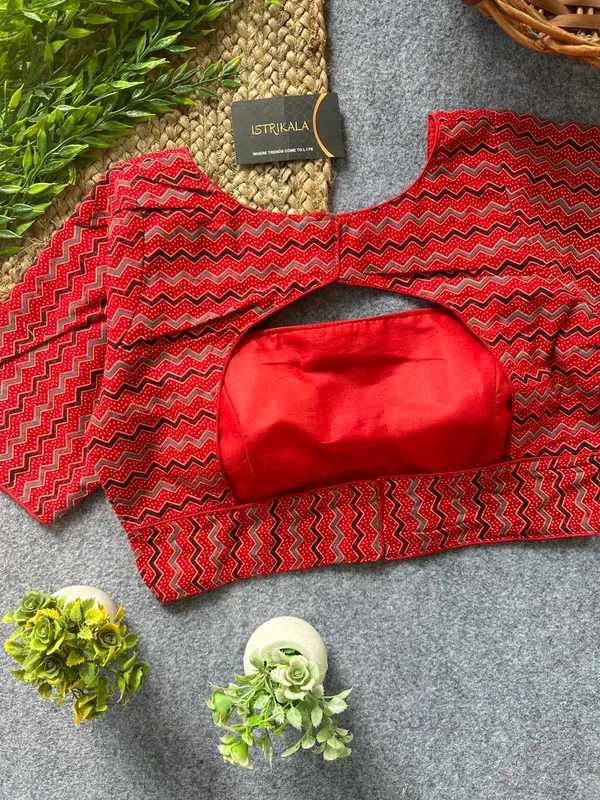 Istrikala_Red_Chevron_Print_Cotton_Blouse_|_Readymade_|_Size_38_|_Alterable