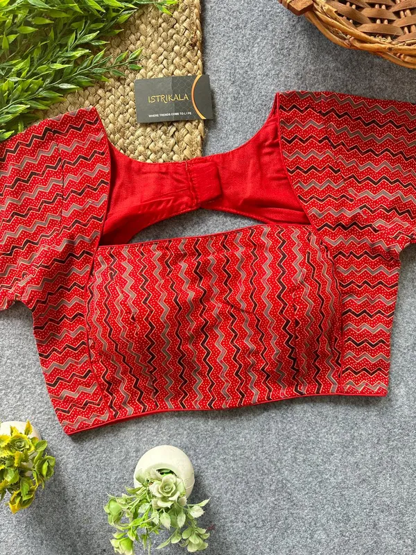 Istrikala_Red_Chevron_Print_Cotton_Blouse_|_Readymade_|_Size_38_|_Alterable