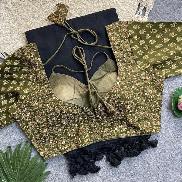 Khadi_Cotton_Silk_Saree_with_Pure_Ajrakh_Cotton_Padded_Blouse_|_Pom-Pom_Pallu