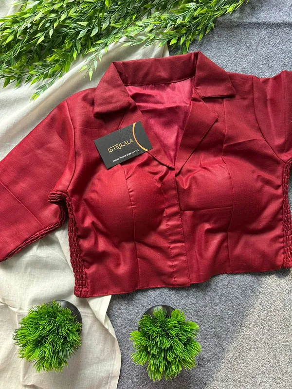 Maroon_Collar_Style_Stretchable_Blouse_–_Cotton_Silk_Fabric,_Front_Open