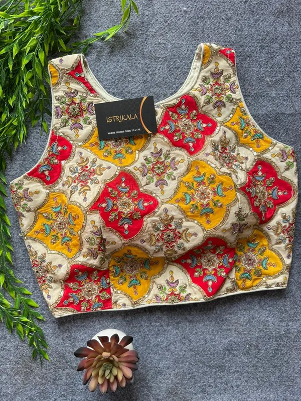 White_Patchwork_Silk_Handwork_Designer_Blouse