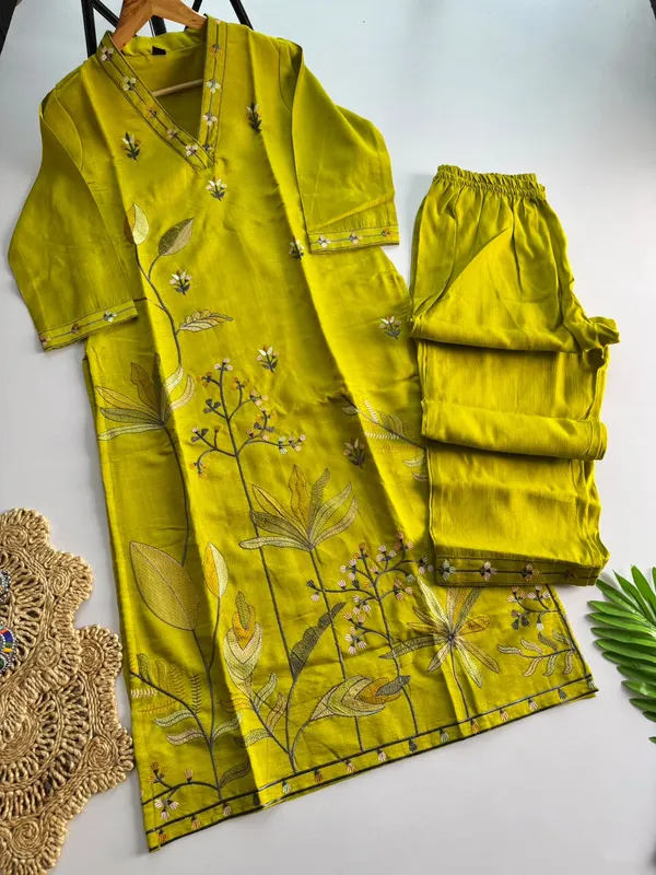Women’s_Embroidered_Kurta_Pant_Set_|_Floral_V-Neck_Ethnic_Wear