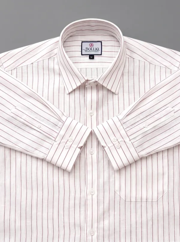BOLLIQ_Signature_Ivory_Wine_Stripe_100%_Cotton_Linen_Shirt