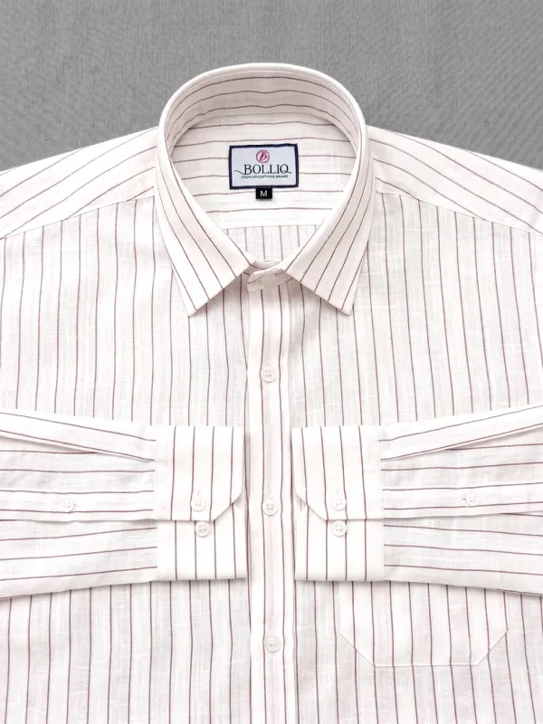 BOLLIQ_Signature_Ivory_Wine_Stripe_100%_Cotton_Linen_Shirt