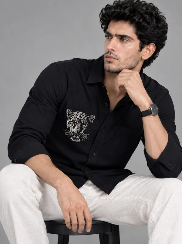 BOLLIQ_Midnight_Leopard_Embroidery_100%_Cotton_Linen_Shirt