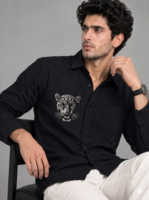 BOLLIQ_Midnight_Leopard_Embroidery_100%_Cotton_Linen_Shirt