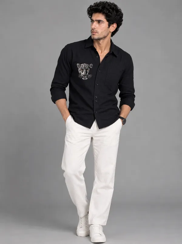 BOLLIQ_Midnight_Leopard_Embroidery_100%_Cotton_Linen_Shirt