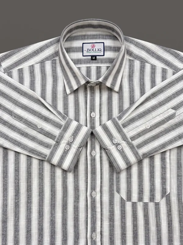 BOLLIQ_Premium_Charcoal_Grey_Stripe_100%_Cotton_Linen_Shirt