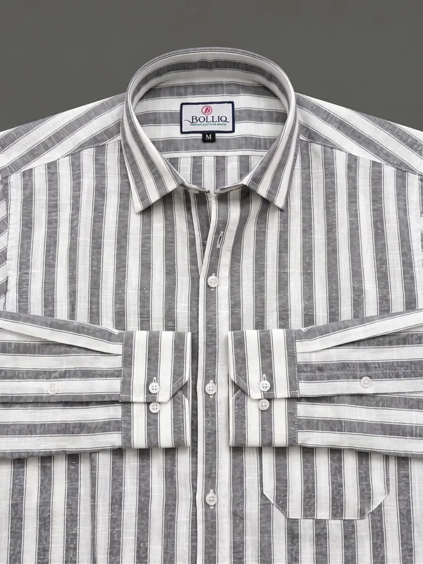 BOLLIQ_Premium_Charcoal_Grey_Stripe_100%_Cotton_Linen_Shirt