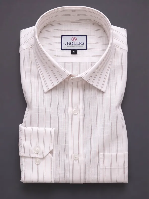 BOLLIQ_Premium_Ivory_White_Brown_Stripe_100_%_Cotton-Linen_Shirt