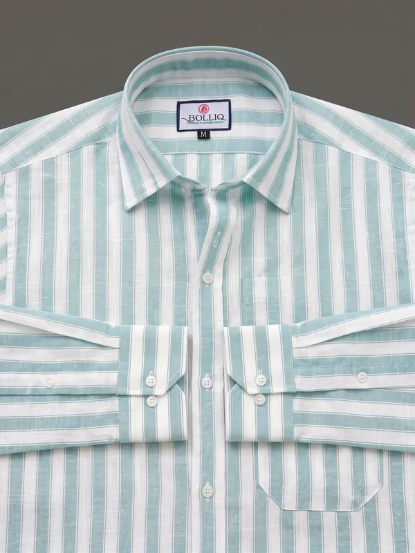 BOLLIQ_Premium_Seafoam_Green_Stripe_100%_Cotton_Linen_Shirt