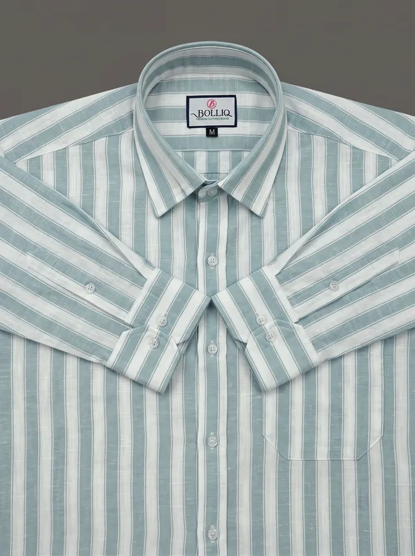 BOLLIQ_Premium_Seafoam_Green_Stripe_100%_Cotton_Linen_Shirt