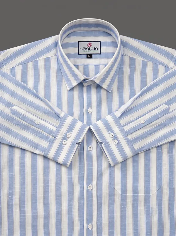 BOLLIQ_Premium_Sky_Blue_Stripe_100%_Cotton_Linen_Shirt
