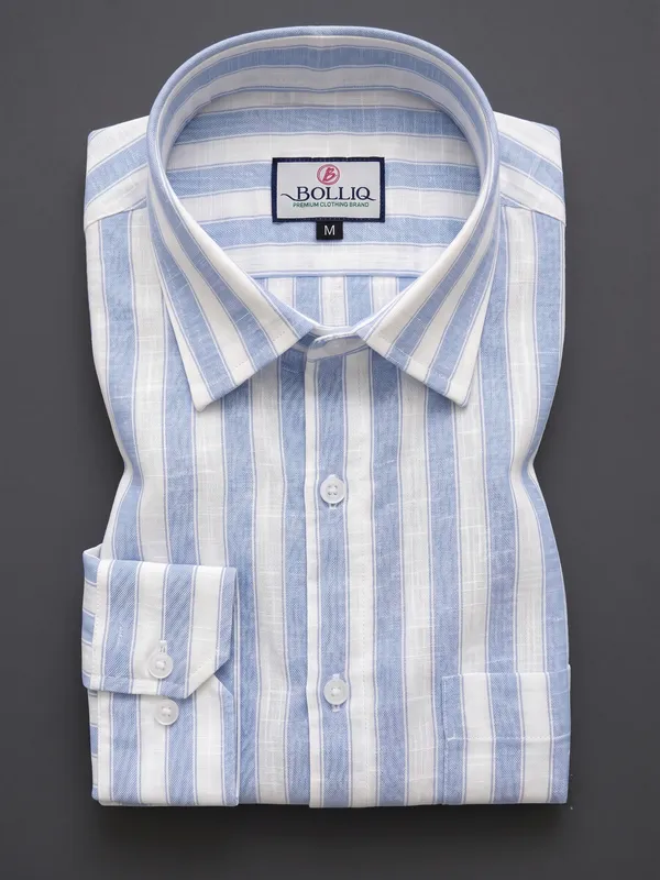 BOLLIQ_Premium_Sky_Blue_Stripe_100%_Cotton_Linen_Shirt