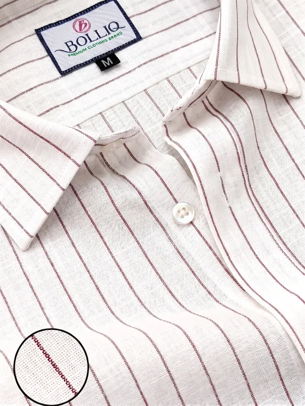 BOLLIQ_Signature_Ivory_Wine_Stripe_100%_Cotton_Linen_Shirt