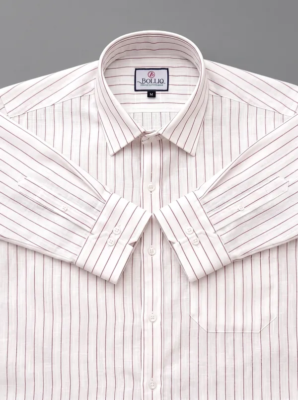 BOLLIQ_Signature_Ivory_Wine_Stripe_100%_Cotton_Linen_Shirt